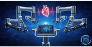 Da Vinci surgical robot in modern operating room performing minimally invasive surgery with surgeon at console