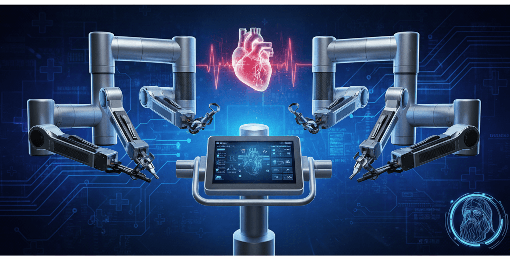 Da Vinci surgical robot in modern operating room performing minimally invasive surgery with surgeon at console