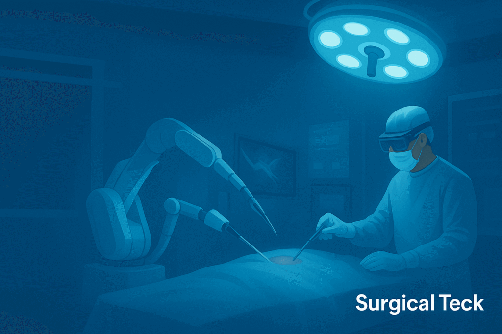 A surgeon wearing AR glasses operates alongside robotic arms in a modern operating room, representing the future of surgical education in the Surgical Technology Program by Surgical Teck.