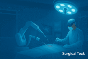 A surgeon wearing AR glasses operates alongside robotic arms in a modern operating room, representing the future of surgical education in the Surgical Technology Program by Surgical Teck.