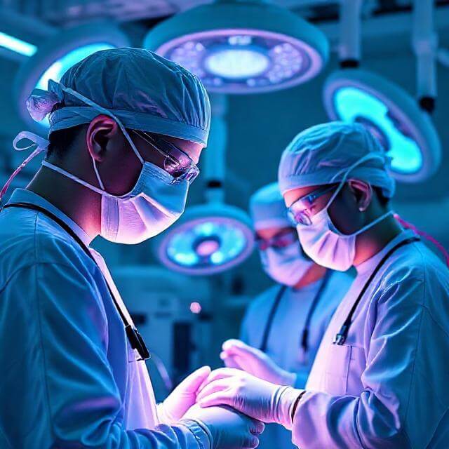 Different types of surgical technologists working in a modern operating room — including scrub techs, circulating techs, and surgical first assistants.