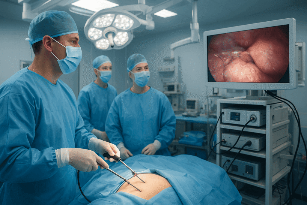 Surgeons performing laparoscopic surgery in a modern operating room