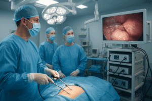 Surgeons performing laparoscopic surgery in a modern operating room