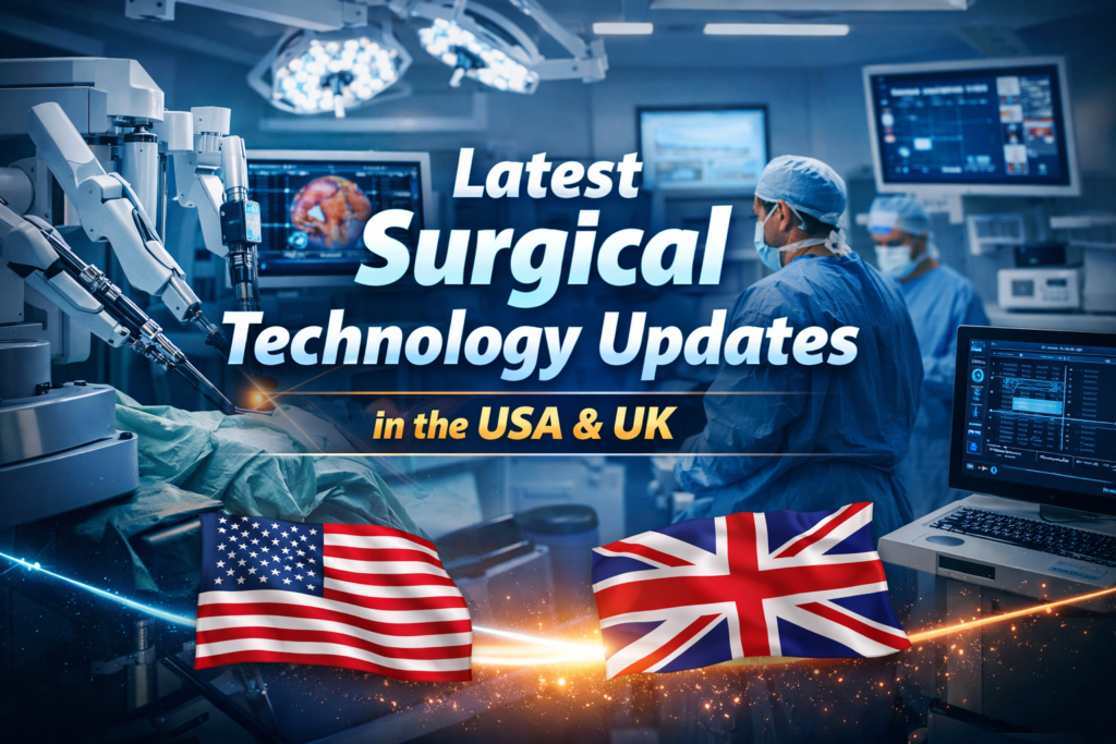 Latest surgical technology updates in the USA and UK showing robotic-assisted surgery, AI medical systems, and a modern operating room with advanced surgical equipment.