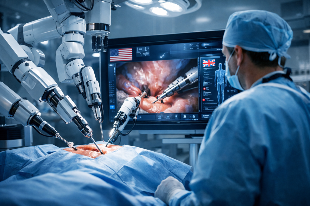 Advanced surgical robot performing minimally invasive surgery in a modern hospital operating room approved in the USA and UK.