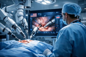 Advanced surgical robot performing minimally invasive surgery in a modern hospital operating room approved in the USA and UK.