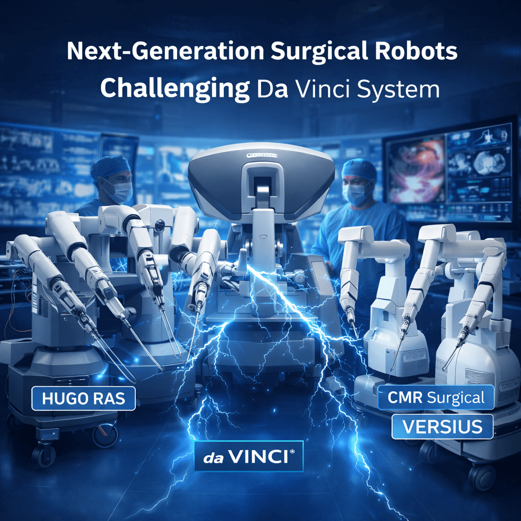 Futuristic operating room featuring next-generation surgical robots including Da Vinci, Hugo RAS, and CMR Surgical Versius, with surgeons operating and AI monitors displaying live data.