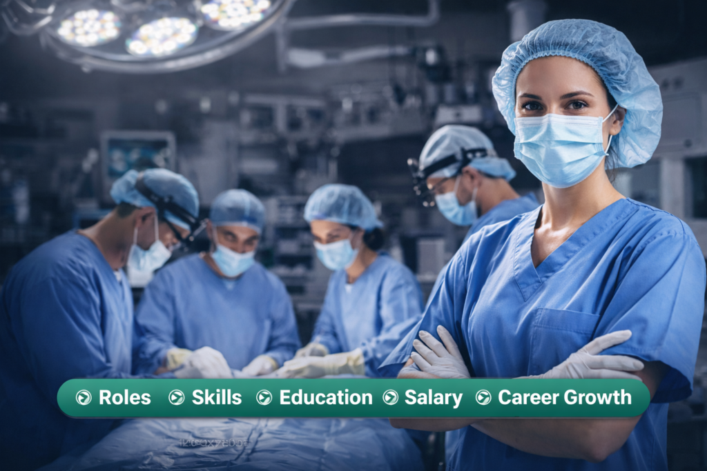 A realistic photo of a medical student studying surgical tools and textbooks on a table, representing learning and training in surgical technology.