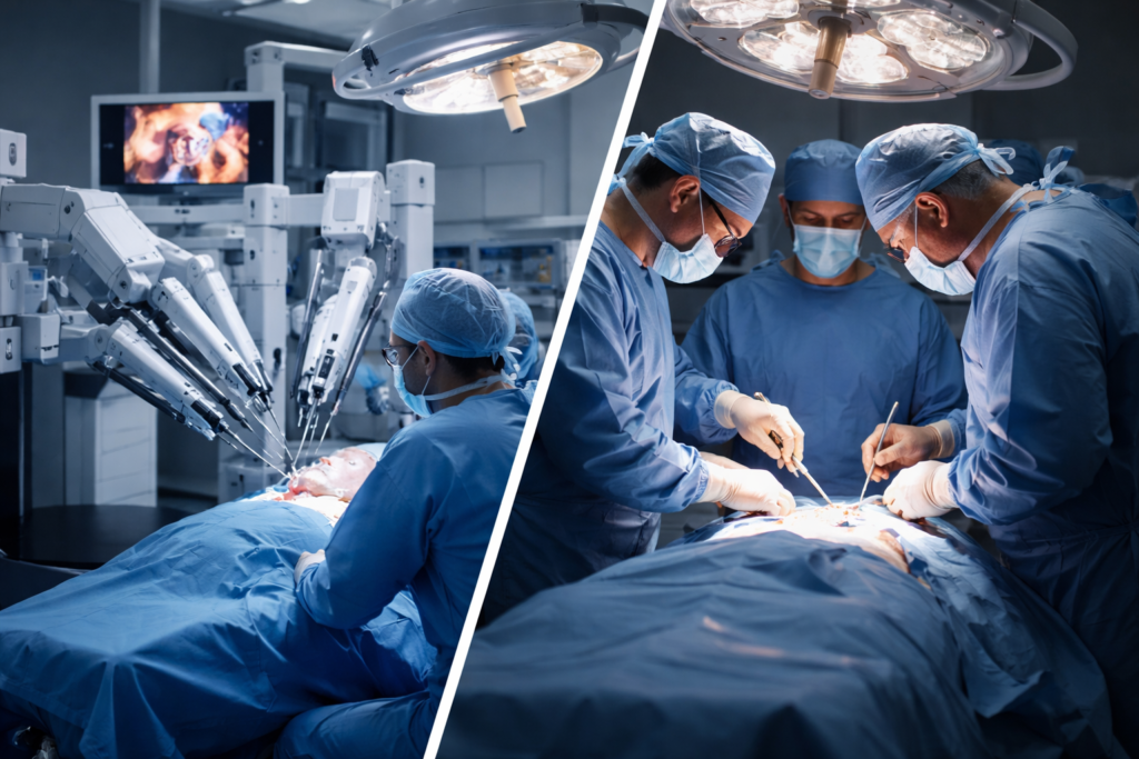 Comparison of robotic surgery and traditional surgery in a modern operating room with surgeons performing procedures