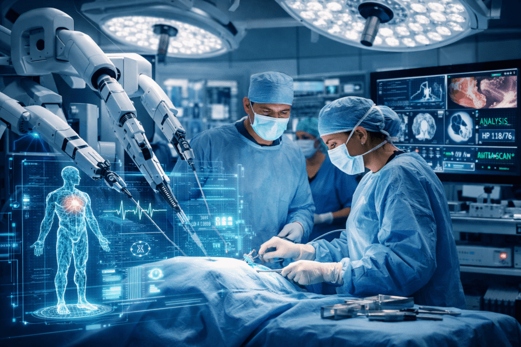 Futuristic smart operating room featuring surgeons working with robotic surgical arms and AI-powered digital displays monitoring patient data.