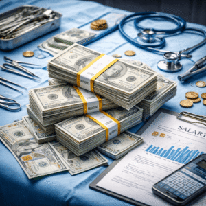 Surgical technologist salary concept showing surgical instruments, financial reports, and medical equipment representing global earnings of surgical tech professionals.