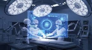 AI-powered robotic surgery in a modern operating room, showing surgeons using advanced artificial intelligence technology for precise and minimally invasive procedures