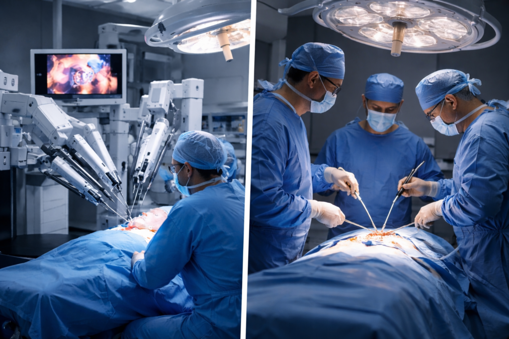Modern operating room showing surgeons performing robotic-assisted and laparoscopic minimally invasive surgery procedures