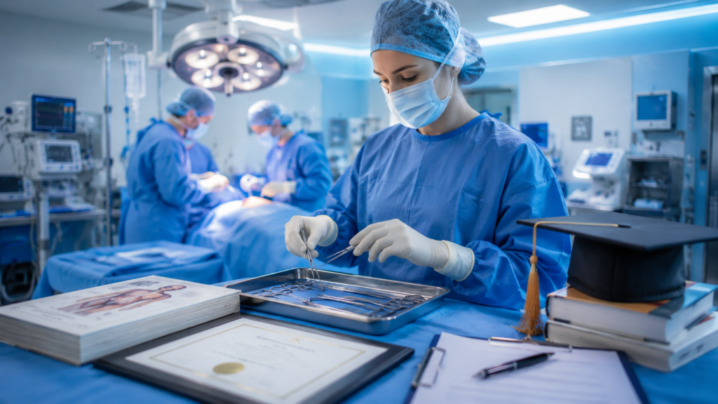 Surgical technologist student preparing sterile surgical instruments in a modern operating room during clinical education.