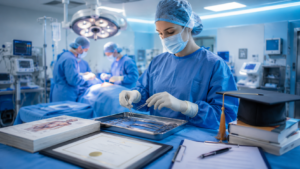 Surgical technologist student preparing sterile surgical instruments in a modern operating room during clinical education.