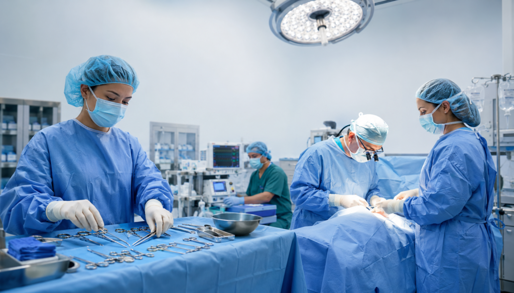 Surgical Technologist and Scrub Nurse working together in a modern hospital operating room during surgery.