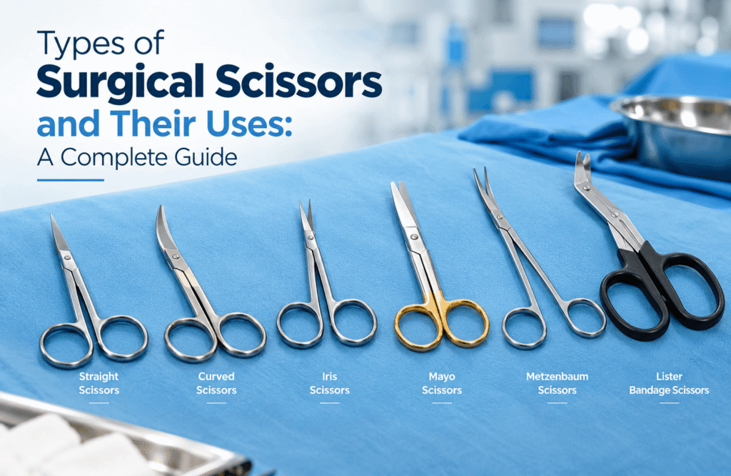 Types of surgical scissors including straight, curved, Iris, Mayo, Metzenbaum, and Lister bandage scissors arranged on a sterile surgical drape