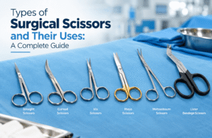 Types of surgical scissors including straight, curved, Iris, Mayo, Metzenbaum, and Lister bandage scissors arranged on a sterile surgical drape